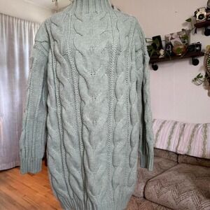 Sage Green Cable Knit Mock Neck Oversized Sweater Dress Tunic Long Sleeve